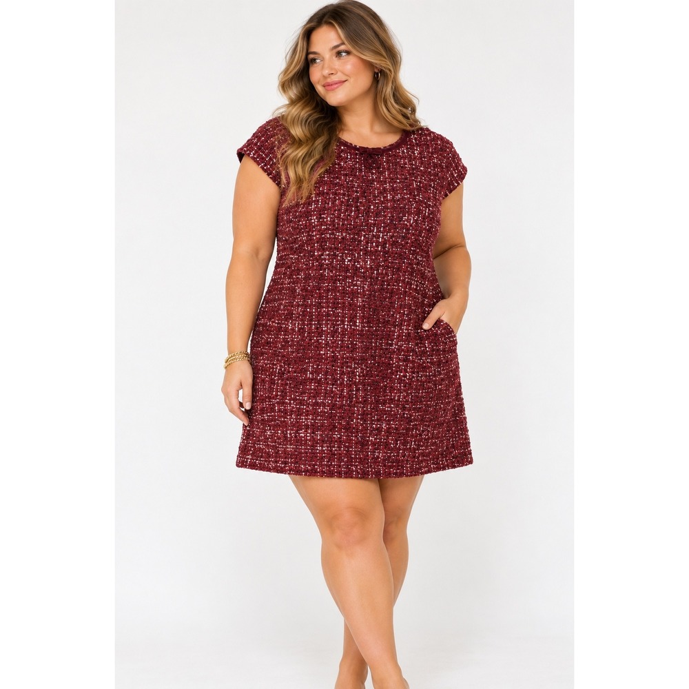 Gal Meets Glam Burgundy Sequin Tweed Bow Detail Shift Dress Cap Sleeve Sz 20